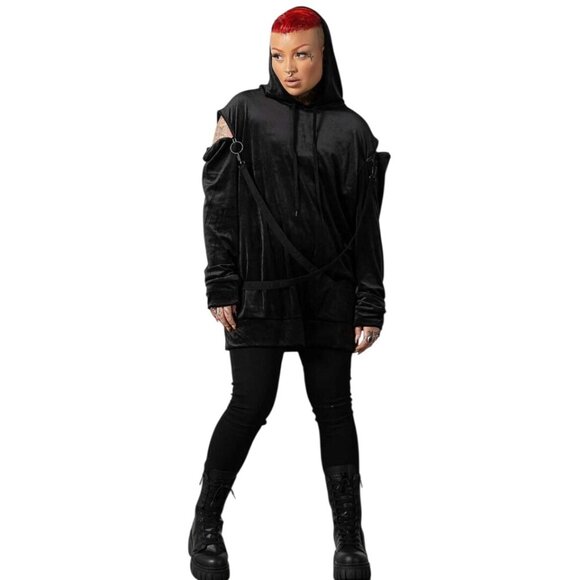 Killstar In A State Black Velvet Hooded Pullover Shoulder Zipper Cutouts Straps - Picture 2 of 10